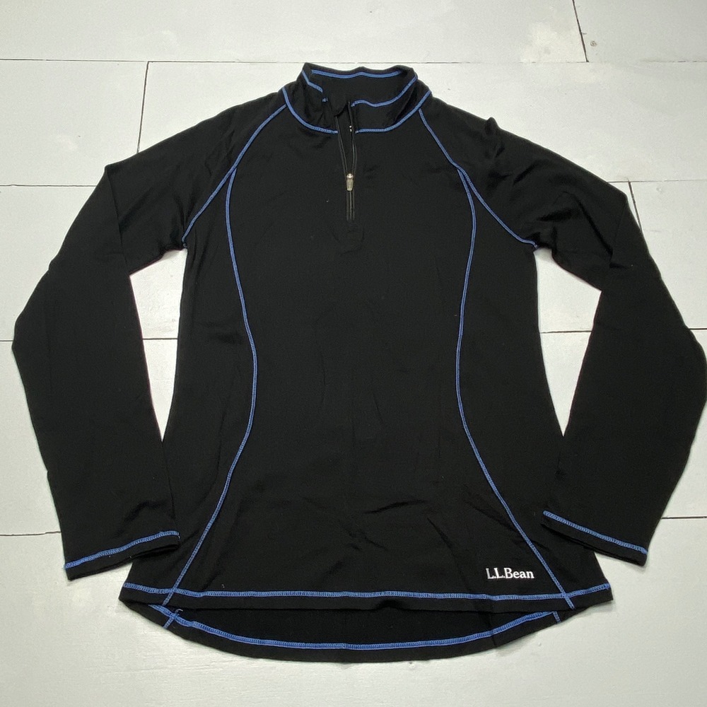 L.L. Bean Merino Wool Base Layer Womens M Black 1/4 Zip Long Sleeve Top Hiking